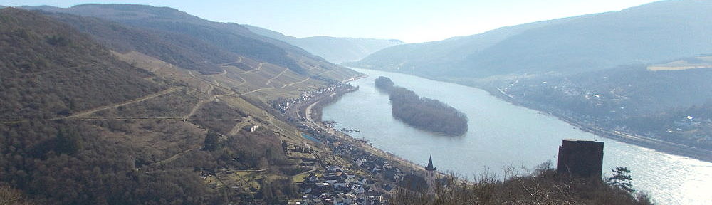 Mittelrhein: Rhein-Wisper-Blick auf Lorch und Ruine Nollig - Foto: Stefan Frerichs / RheinWanderer.de