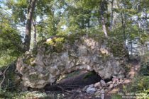 Odenwald: Gekippte Überreste des Bergfrieds der Hirschburg - Foto: Stefan Frerichs / RheinWanderer.de